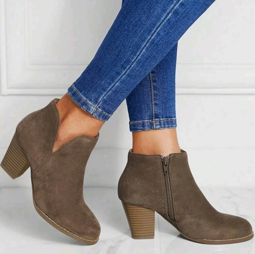 Faux Suede Zipper Side Chunky Heeled Booties